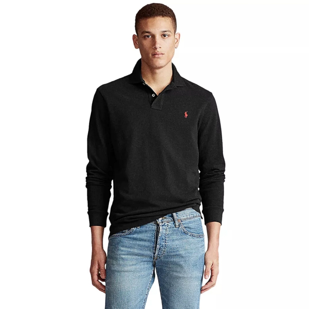Ralph Lauren Black Long Sleeve Classic-Fit Mesh Knit Cotton Polo Shirt • Large